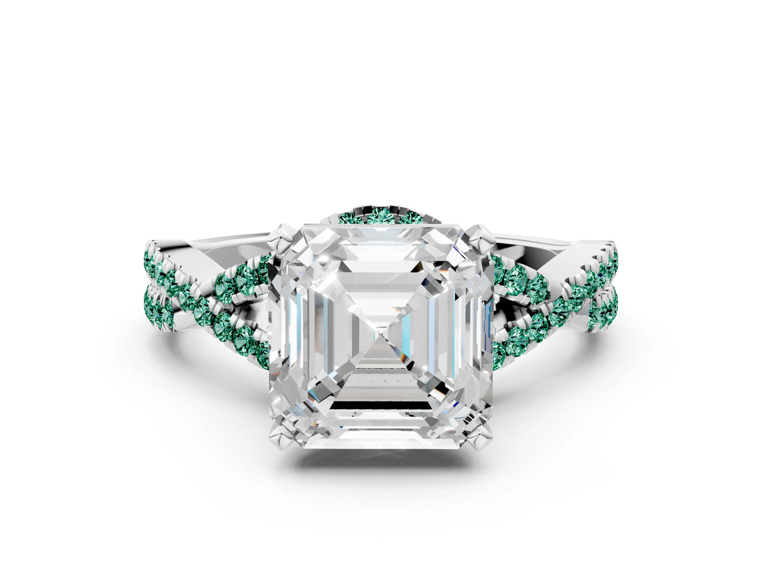 White gold Asscher Cut Diamond with Green Sapphire side stone Halo Twist Band Solitaire Prong Setting Ring_24
