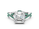 White gold Asscher Cut Diamond with Green Sapphire side stone Halo Twist Band Solitaire Prong Setting Ring_24