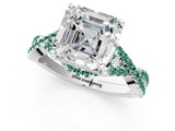 White gold Asscher Cut Diamond with Green Sapphire side stone Halo Twist Band Solitaire Prong Setting Ring_25