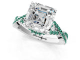 White gold Asscher Cut Diamond with Green Sapphire side stone Halo Twist Band Solitaire Prong Setting Ring_61