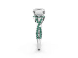 White gold Asscher Cut Diamond with Green Sapphire side stone Halo Twist Band Solitaire Prong Setting Ring_62