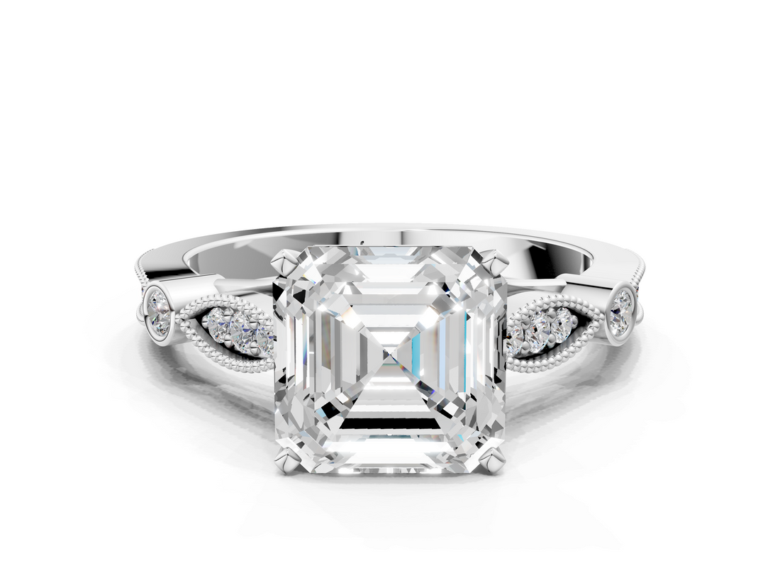White gold Asscher Cut Diamond with Milgrain Marquise and Bezel Accents on a Solitaire Band with Prong Setting_23