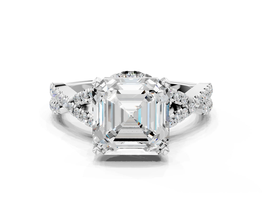 White gold Asscher Cut Diamond with Moissanite side stone Halo Twist Band Solitaire Prong Setting Ring_24