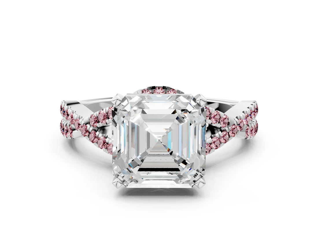 White gold Asscher Cut Diamond with Morganite side stone Halo Twist Band Solitaire Prong Setting Ring