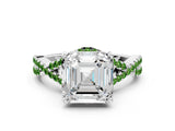 White gold Asscher Cut Diamond with Peridot side stone Halo Twist Band Solitaire Prong Setting Ring