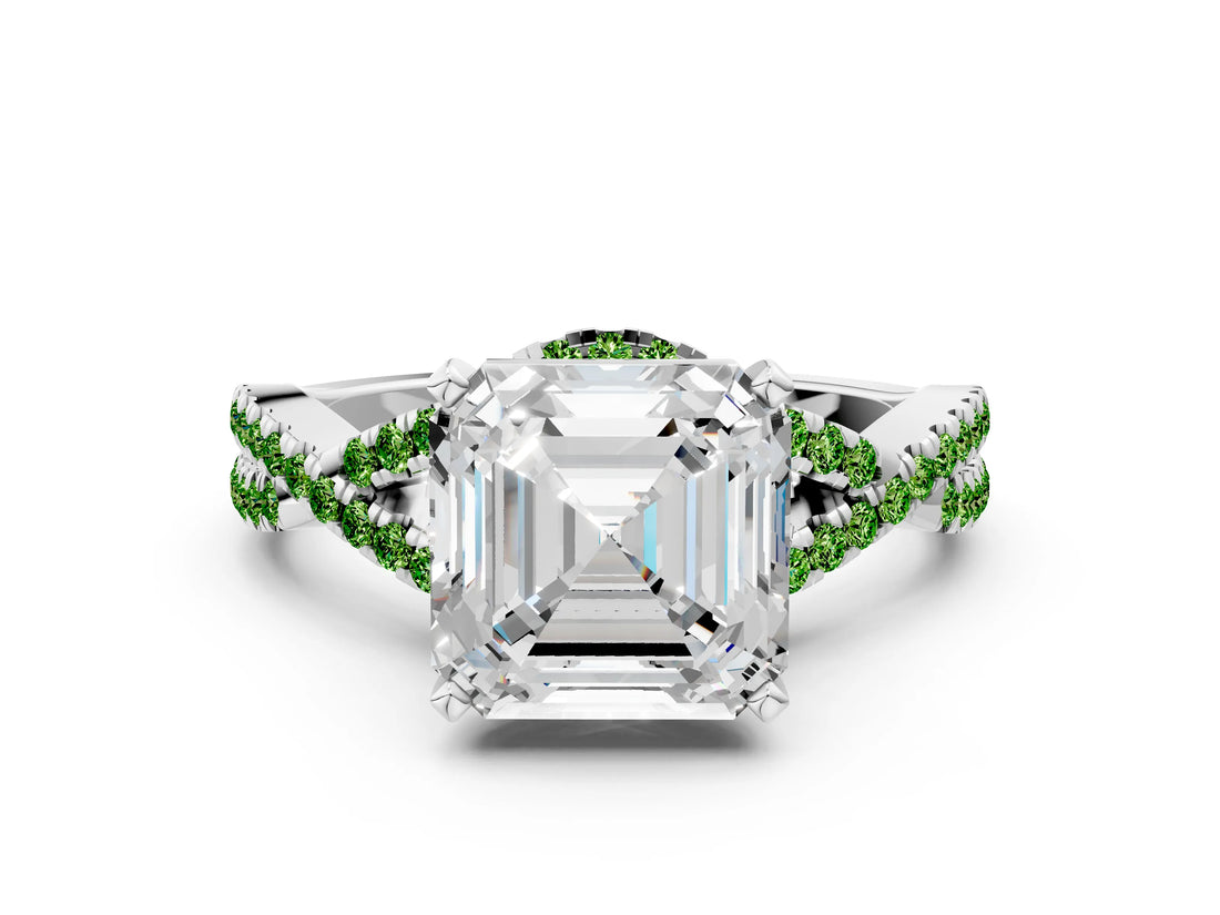 White gold Asscher Cut Diamond with Peridot side stone Halo Twist Band Solitaire Prong Setting Ring_48