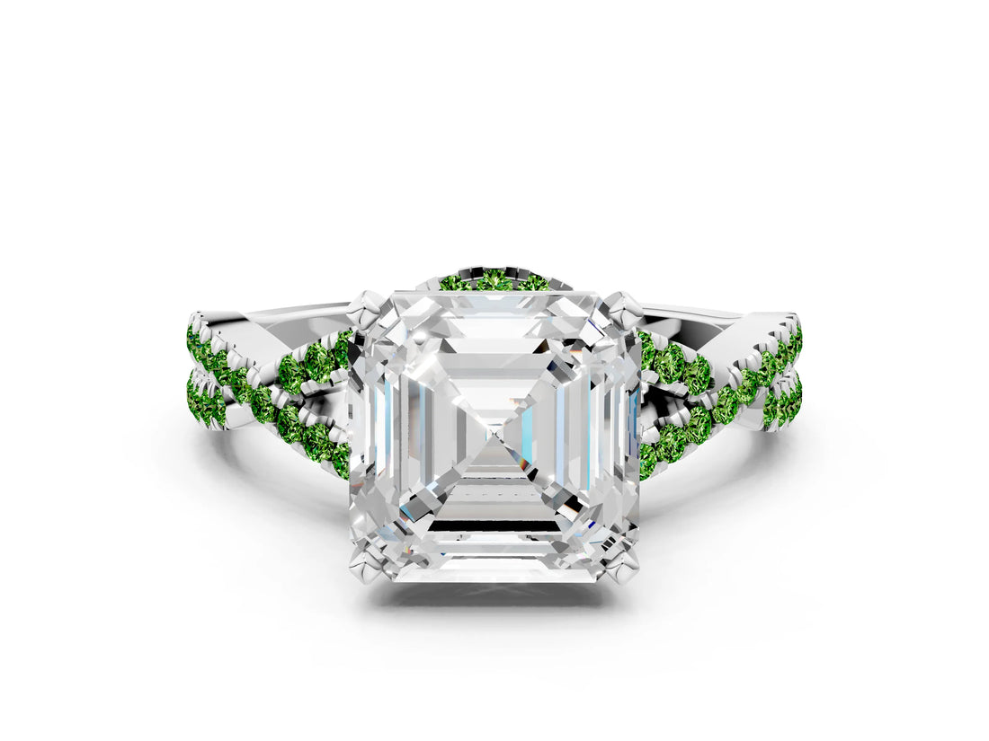 White gold Asscher Cut Diamond with Peridot side stone Halo Twist Band Solitaire Prong Setting Ring