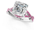 White gold Asscher Cut Diamond with Pink Sapphire side stone Halo Twist Band Solitaire Prong Setting Ring_13