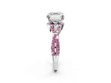White gold Asscher Cut Diamond with Pink Sapphire side stone Halo Twist Band Solitaire Prong Setting Ring_2