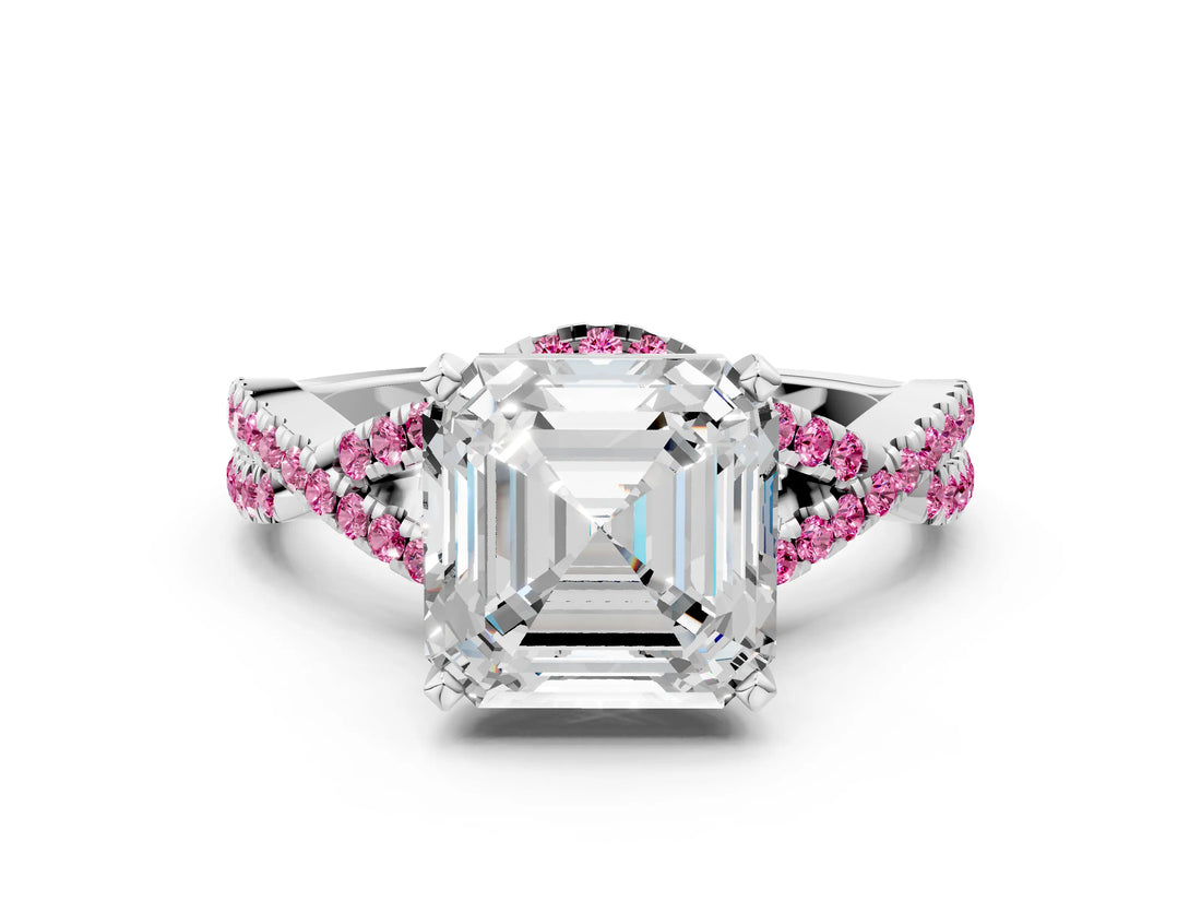 White gold Asscher Cut Diamond with Pink Sapphire side stone Halo Twist Band Solitaire Prong Setting Ring_24