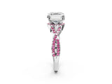 White gold Asscher Cut Diamond with Pink Sapphire side stone Halo Twist Band Solitaire Prong Setting Ring_26