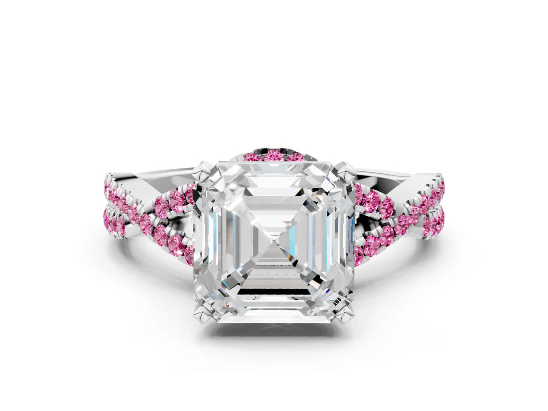 White gold Asscher Cut Diamond with Pink Sapphire side stone Halo Twist Band Solitaire Prong Setting Ring
