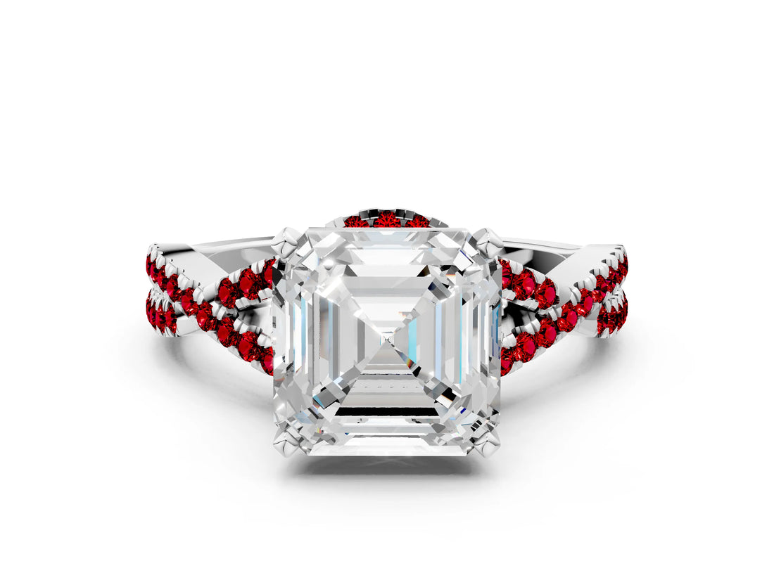 White gold Asscher Cut Diamond with Ruby side stone Halo Twist Band Solitaire Prong Setting Ring_24