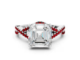 White gold Asscher Cut Diamond with Ruby side stone Halo Twist Band Solitaire Prong Setting Ring_24