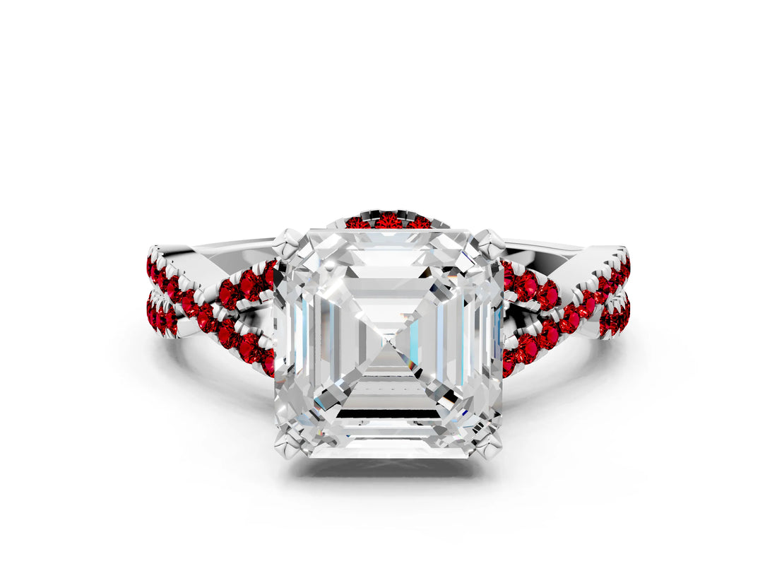 White gold Asscher Cut Diamond with Ruby side stone Halo Twist Band Solitaire Prong Setting Ring