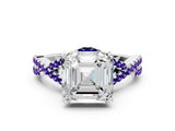 White gold Asscher Cut Diamond with Tanzanite side stone Halo Twist Band Solitaire Prong Setting Ring