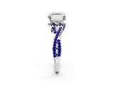 White gold Asscher Cut Diamond with Tanzanite side stone Halo Twist Band Solitaire Prong Setting Ring_2