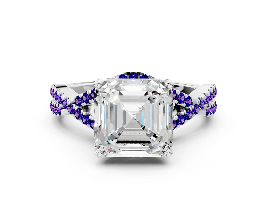 White gold Asscher Cut Diamond with Tanzanite side stone Halo Twist Band Solitaire Prong Setting Ring_36