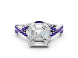 White gold Asscher Cut Diamond with Tanzanite side stone Halo Twist Band Solitaire Prong Setting Ring_36
