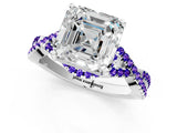 White gold Asscher Cut Diamond with Tanzanite side stone Halo Twist Band Solitaire Prong Setting Ring_37