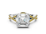 White gold Asscher Cut Diamond with Yellow Sapphire side stone Halo Twist Band Solitaire Prong Setting Ring