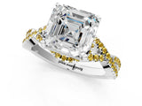 White gold Asscher Cut Diamond with Yellow Sapphire side stone Halo Twist Band Solitaire Prong Setting Ring_1