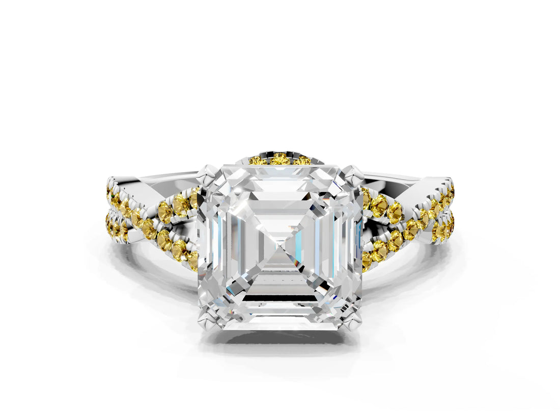 White gold Asscher Cut Diamond with Yellow Sapphire side stone Halo Twist Band Solitaire Prong Setting Ring_25