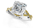 White gold Asscher Cut Diamond with Yellow Sapphire side stone Halo Twist Band Solitaire Prong Setting Ring_26