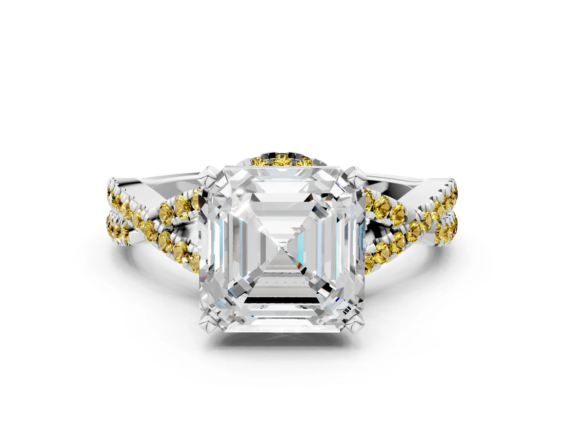 White gold Asscher Cut Diamond with Yellow Sapphire side stone Halo Twist Band Solitaire Prong Setting Ring_61