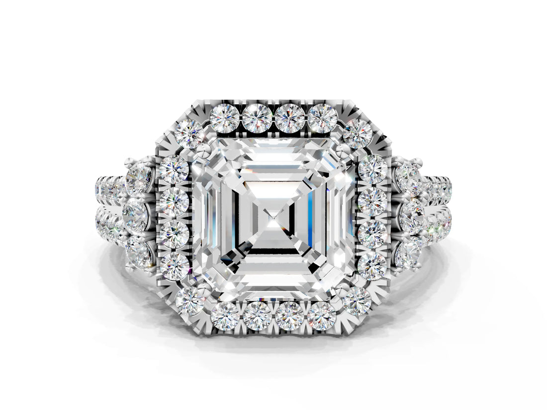 White gold Asscher Cut Double Halo Diamond Engagement Ring with Pave Band and Four-Prong Setting_27