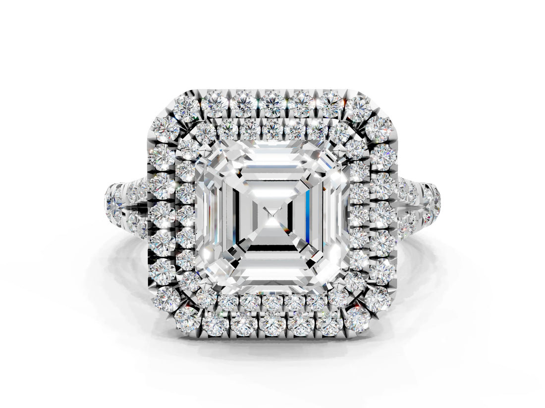 White gold Asscher Cut Double Halo Split Shank Diamond Ring with Prong Setting_51