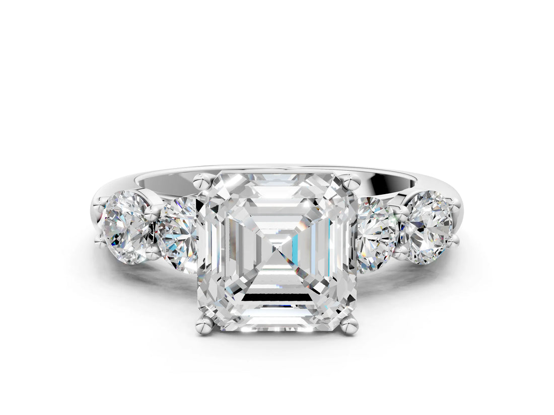 White gold Asscher Cut Five-Stone Prong Set Diamond Ring with Classic Band_35