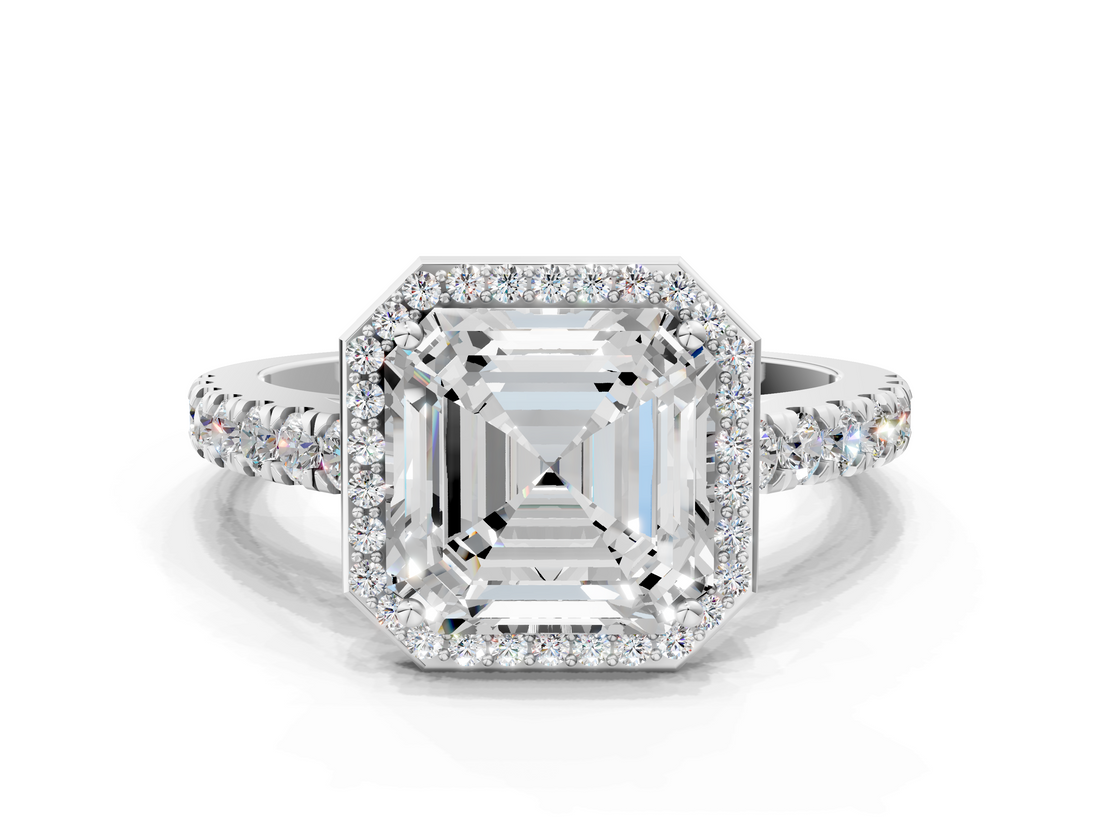 White gold Asscher Cut Halo Diamond Engagement Ring with Pave Band and Four-Prong Setting_23