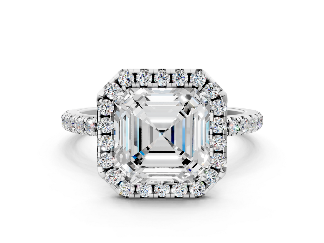 White gold Asscher Cut Halo Diamond Engagement Ring with Pave Band and Four-Prong Setting_7