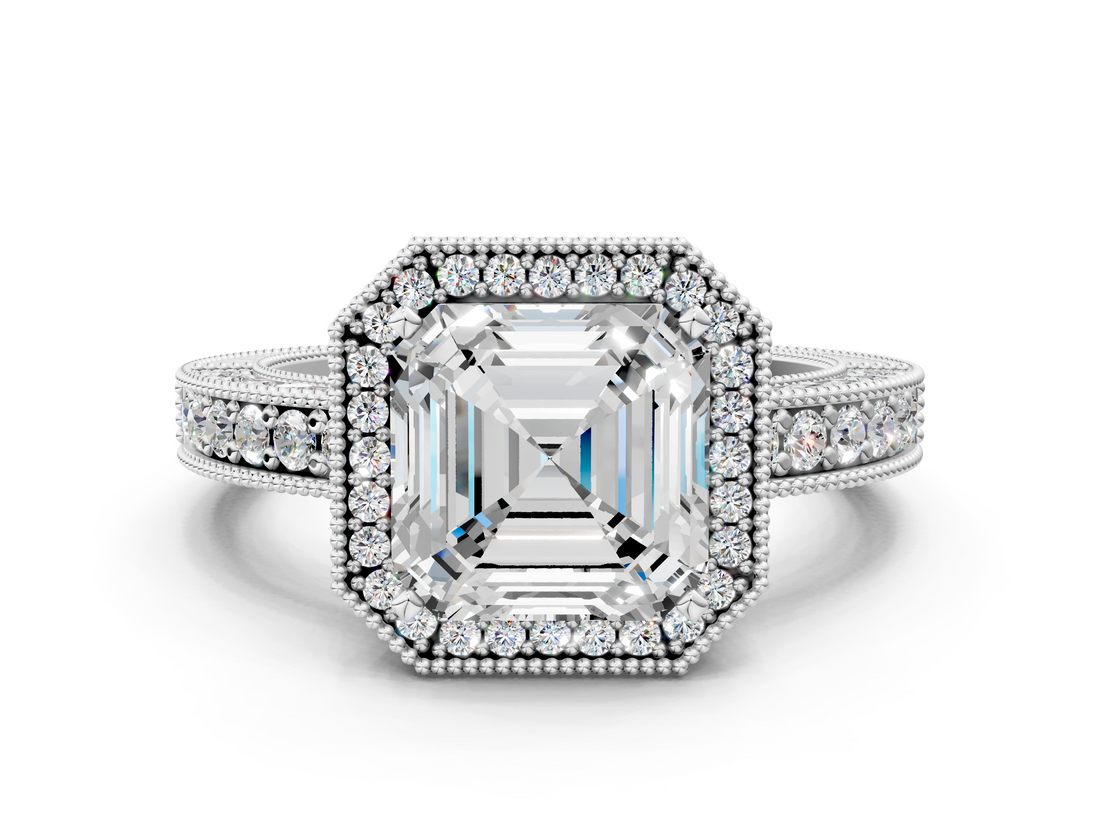 White gold Asscher Cut Halo Diamond Pave Band Ring with Four-Prong Setting_6