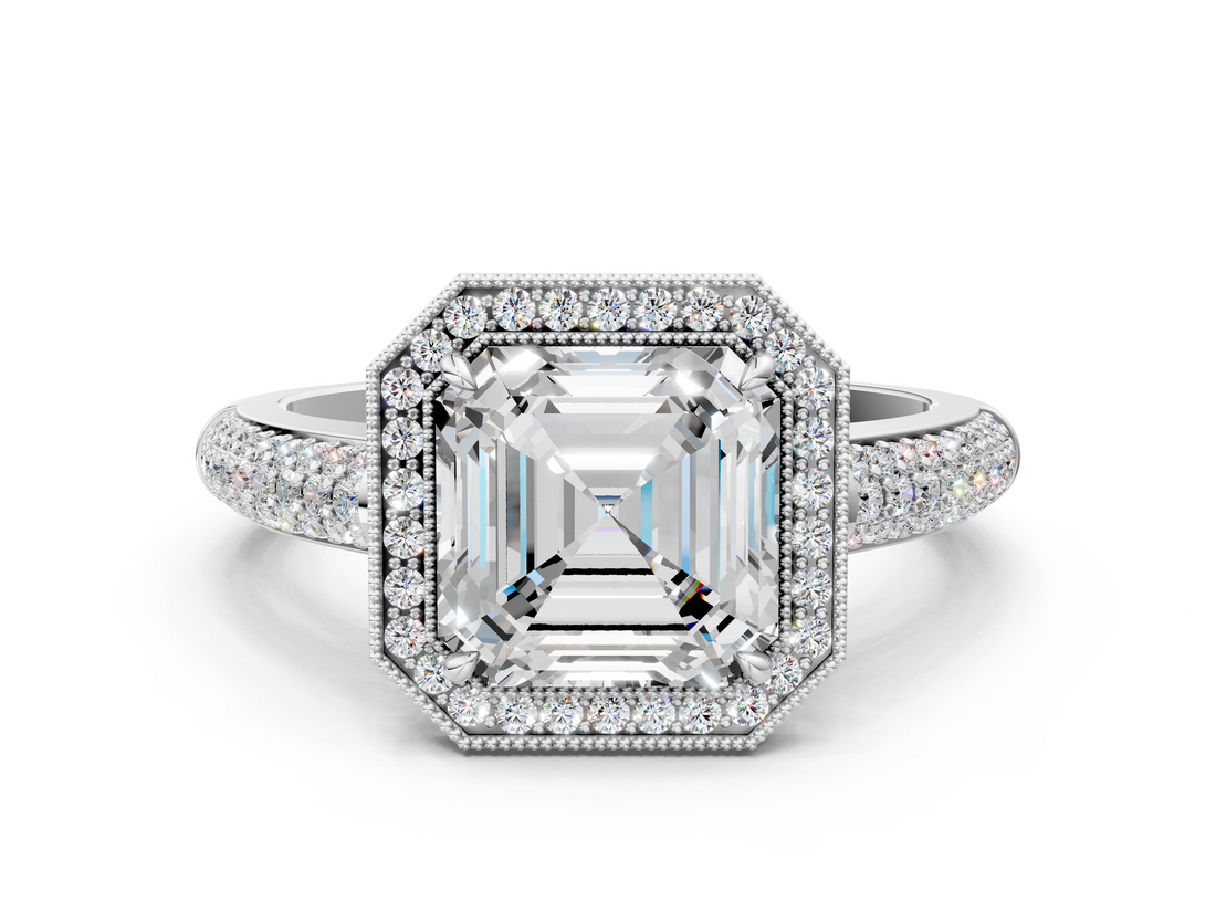 White gold Asscher Cut Halo Diamond Pave Band with Four-Prong Setting_23