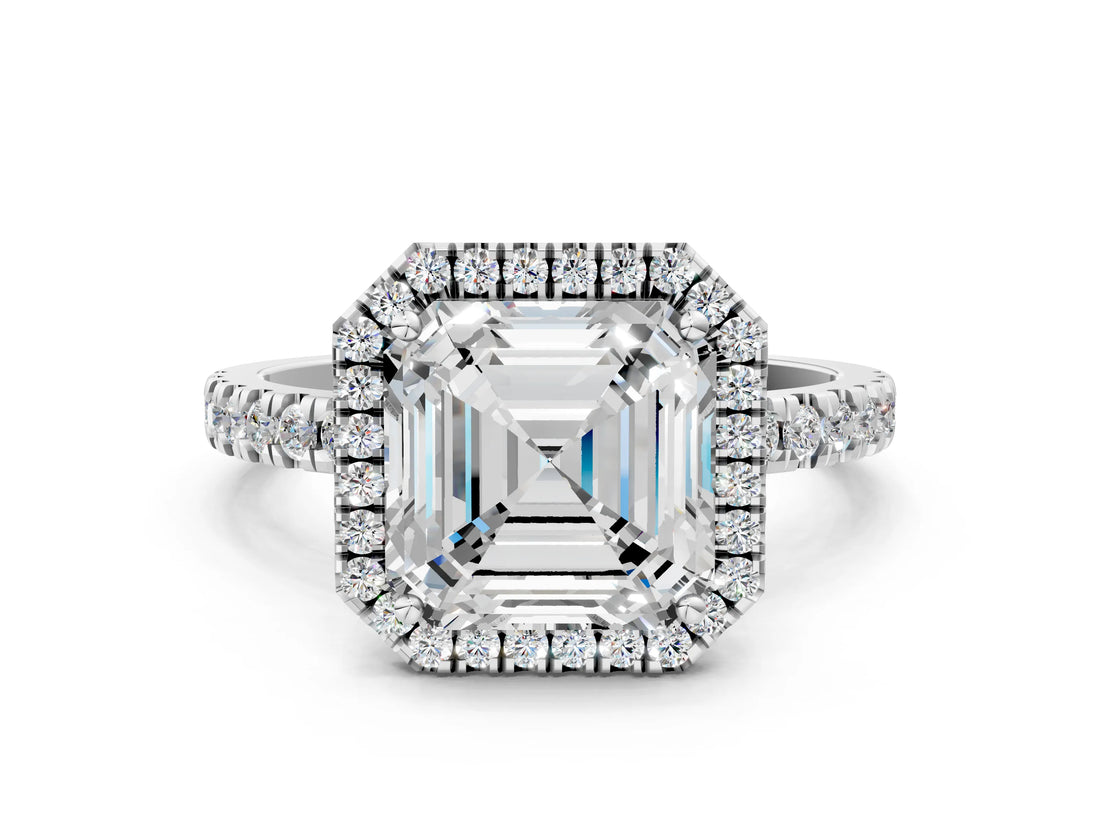 White gold Asscher Cut Halo Diamond Pave Band with Prong Setting_12