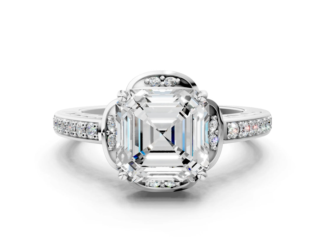 White gold Asscher Cut Halo Diamond Ring with Channel Set Band and Four-Prong Setting_52