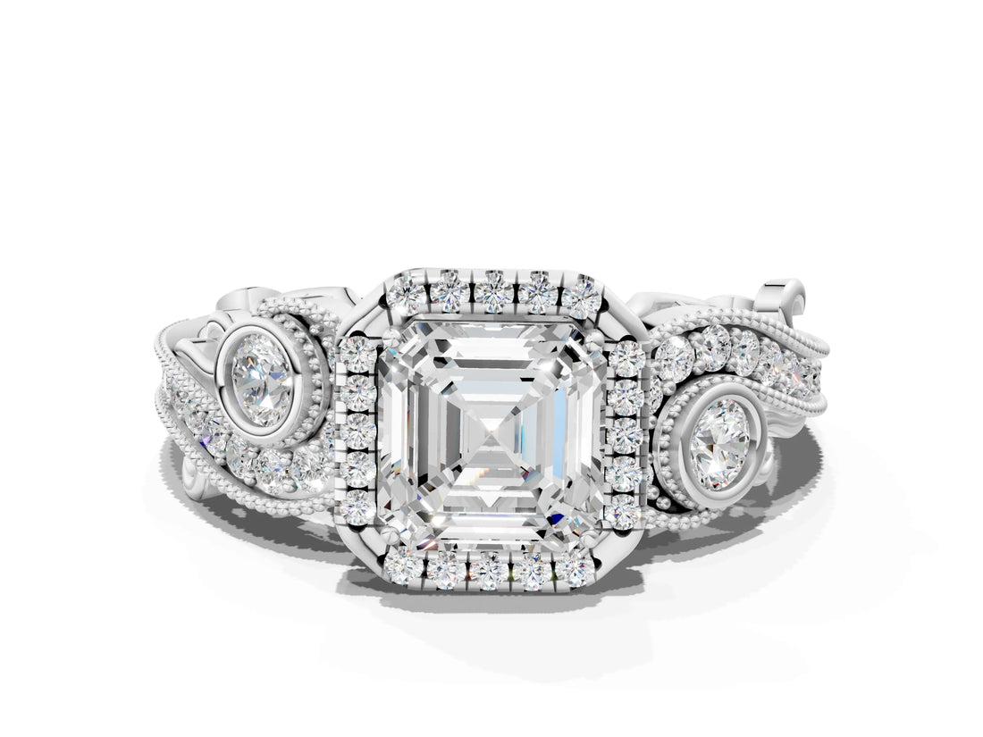 White gold Asscher Cut Halo Diamond Ring with Milgrain and Bezel Accents on a Split Shank Band_15