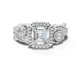 White gold Asscher Cut Halo Diamond Ring with Milgrain and Bezel Accents on a Split Shank Band_15