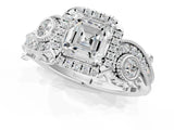 White gold Asscher Cut Halo Diamond Ring with Milgrain and Bezel Accents on a Split Shank Band_16