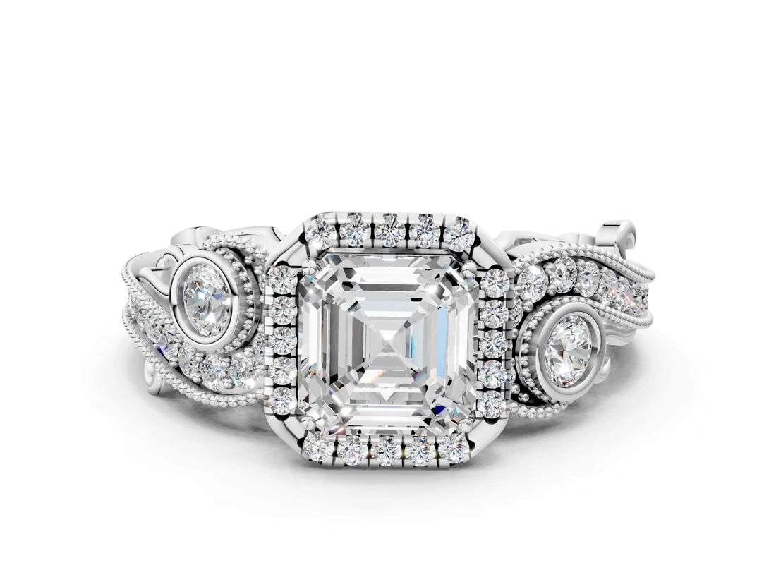 White gold Asscher Cut Halo Diamond Ring with Milgrain and Bezel Accents on a Split Shank Band_285
