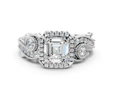White gold Asscher Cut Halo Diamond Ring with Milgrain and Bezel Accents on a Split Shank Band_285
