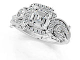 White gold Asscher Cut Halo Diamond Ring with Milgrain and Bezel Accents on a Split Shank Band_289