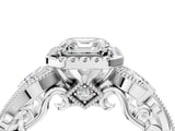 White gold Asscher Cut Halo Diamond Ring with Milgrain and Bezel Accents on a Split Shank Band_292