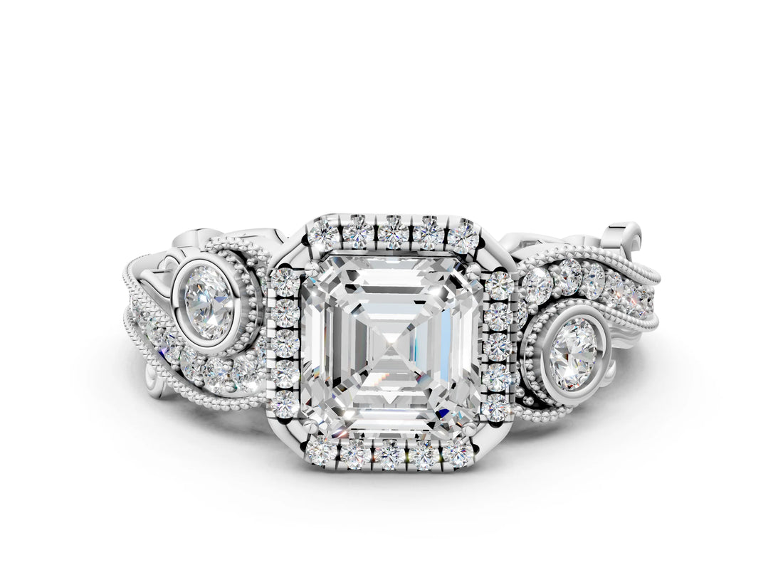 White gold Asscher Cut Halo Diamond Ring with Milgrain and Bezel Accents on a Split Shank Band_3