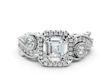 White gold Asscher Cut Halo Diamond Ring with Milgrain and Bezel Accents on a Split Shank Band_3