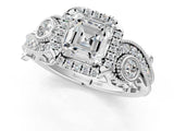 White gold Asscher Cut Halo Diamond Ring with Milgrain and Bezel Accents on a Split Shank Band_4