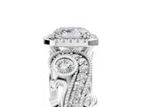 White gold Asscher Cut Halo Diamond Ring with Milgrain and Bezel Accents on a Split Shank Band_8