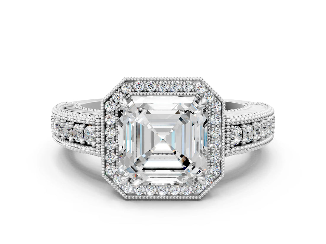 White gold Asscher Cut Halo Diamond Ring with Pavé Band and Four-Prong Setting_35
